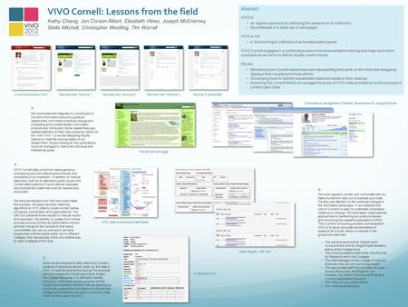 VIVO Cornell: Lessons from the field Kathy Chiang, Jon Corson-Rikert, Elizabeth Hines, Joseph McEnerney Stella Mitchell, Christopher Westling, Tim Worrall.