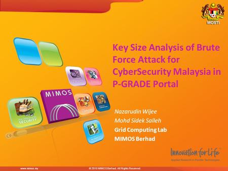 Www.mimos.my© 2010 MIMOS Berhad. All Rights Reserved. Nazarudin Wijee Mohd Sidek Salleh Grid Computing Lab MIMOS Berhad Key Size Analysis of Brute Force.