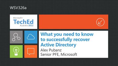 What you need to know to successfully recover Active Directory Alex Pubanz Senior PFE, Microsoft WSV326a.