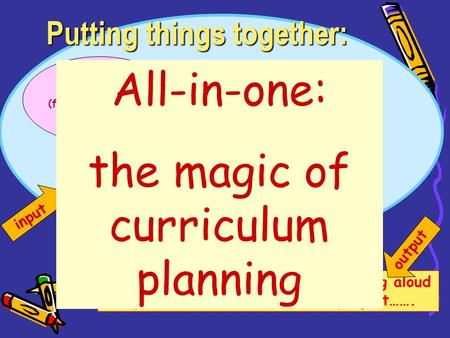 Putting things together: Textbooks (framework/ context/ language focus) Small readers Poems / Plays Big Books …. Other resources: Supplementary Grammar.