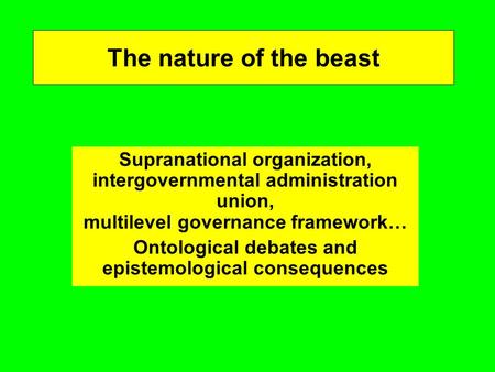 The nature of the beast Supranational organization, intergovernmental administration union, multilevel governance framework… Ontological debates and epistemological.