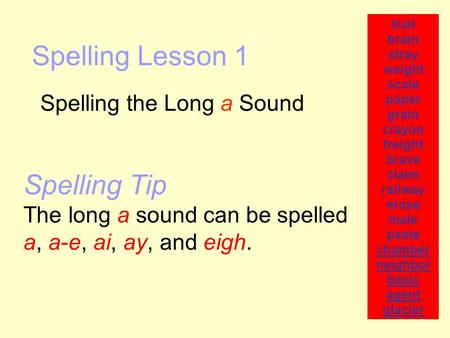 Spelling Lesson 1 Spelling the Long a Sound trail brain stray weight scale paper grain crayon freight brave claim railway erase male paste chamber neighbor.