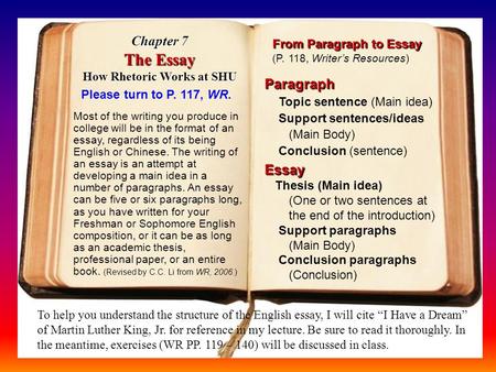 Chapter 7 The Essay How Rhetoric Works at SHU Please turn to P. 117, WR. Most of the writing you produce in college will be in the format of an essay,