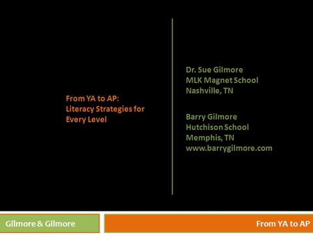 4/27/20151 Gilmore & GilmoreFrom YA to AP Barry Gilmore Hutchison School Memphis, TN www.barrygilmore.com From YA to AP: Literacy Strategies for Every.