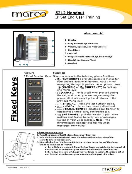 About Your Set 1 - Display 3 - Ring and Message Indicator 4 - Volume, Speaker, and Mute Controls 5 - Fixed Keys 6 – Keypad 7 - Programmable Feature Keys.