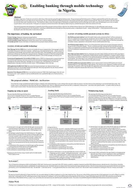 Enabling banking through mobile technology in Nigeria. A review of relevant mobile technology Short Message Service (SMS) Easy.