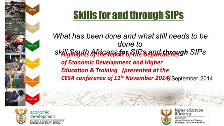 What has been done and what still needs to be done to skill South Africans for SIPs and through SIPs 2 September 2014 Skills for and through SIPs Highlights.