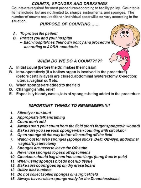 COUNTS, SPONGES AND DRESSINGS Counts are required for most procedures according to facility policy. Countable items include, but are not limited to, sharps,