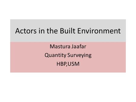 Actors in the Built Environment Mastura Jaafar Quantity Surveying HBP,USM.