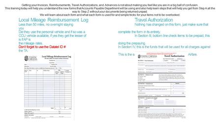 Local Mileage Reimbursement LogTravel Authorization Less than 50 miles, no overnight staying Nothing has changed on this form, just make sure that you.