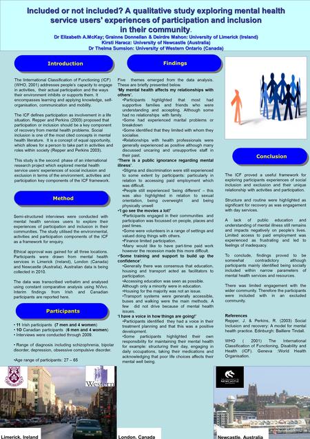 Included or not included? A qualitative study exploring mental health service users' experiences of participation and inclusion in their community Dr Elizabeth.