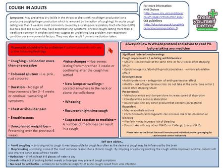 For more information: NHS Choices (http://www.nhs.uk/conditions/ cough/pages/introduction.aspx)http://www.nhs.uk/conditions/ cough/pages/introduction.aspx.