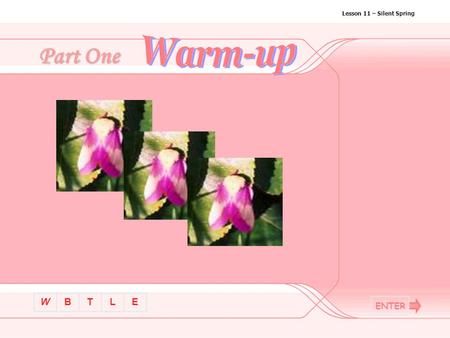 BTLEW Lesson 11 – Silent Spring Part One ENTER BTLEW Lesson 11 – Silent Spring Warm-up I.Discuss Issues on EnvironmentDiscuss Issues on Environment II.Sing.