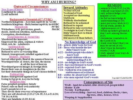 Outward Circumstances Two Types of hurts Hurts in Our World 1) inflicted by others 2) self-inflicted Background of Jeremiah (627-575 BC) Northern Kingdom.