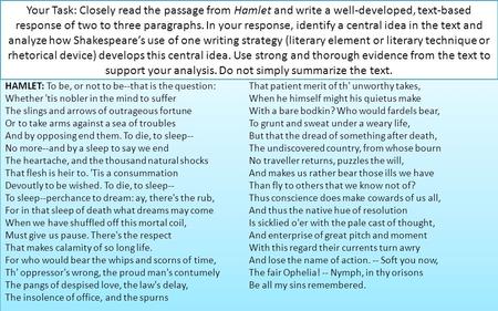 Your Task: Closely read the passage from Hamlet and write a well-developed, text-based response of two to three paragraphs. In your response, identify.