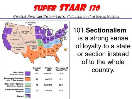 101. Sectionalism is a strong sense of loyalty to a state or section instead of to the whole country. Sectionalism Super STAAR 130 Greatest American History.