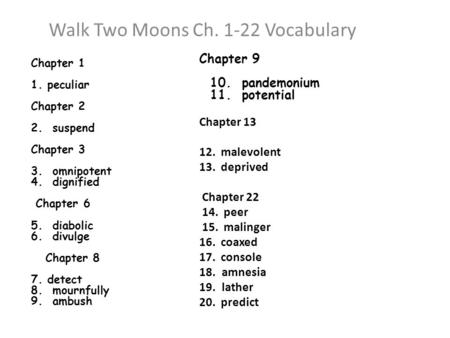 Chapter 1 1. peculiar Chapter 2 2. suspend Chapter 3 3. omnipotent 4. dignified Chapter 6 5. diabolic 6. divulge Chapter 8 7. detect 8. mournfully 9. ambush.