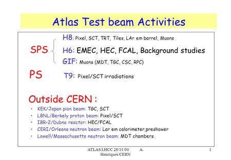 ATLAS LHCC 28/11/00 A. Henriques/CERN 1 H8 : Pixel, SCT, TRT, Tiles, LAr em barrel, Muons SPS H6: EMEC, HEC, FCAL, Background studies GIF: Muons (MDT,