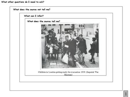 What does the source tell me? What can I infer? What does the source not tell me? What other questions do I need to ask? 1 Children in London getting ready.