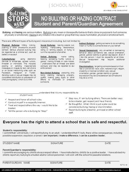 Everyone has the right to attend a school that is safe and respectful. Student’s responsibility: I commit that I will not bully. I will report bullying.