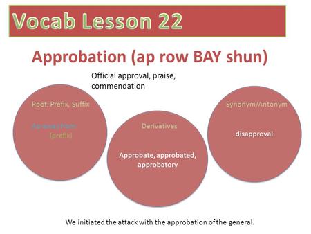 Approbation (ap row BAY shun) disapproval Official approval, praise, commendation Ap-away from (prefix) Root, Prefix, SuffixSynonym/Antonym Derivatives.