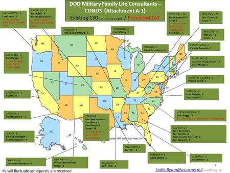 as of 17 Aug. 09 TEXAS -26 Fort Sam Houston 1 Fort Bliss – 3 Fort Hood –8 Surge - 14 2 - Up to a year -