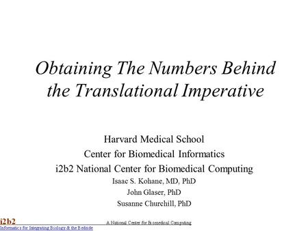 Obtaining The Numbers Behind the Translational Imperative Harvard Medical School Center for Biomedical Informatics i2b2 National Center for Biomedical.