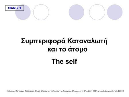 Slide 7.1 Solomon, Bamossy, Askegaard, Hogg, Consumer Behaviour : A European Perspective, 3 rd edition © Pearson Education Limited 2006 Συμπεριφορά Καταναλωτή.