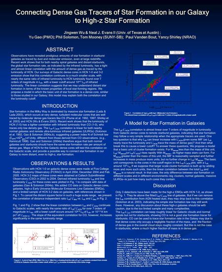 Connecting Dense Gas Tracers of Star Formation in our Galaxy to High-z Star Formation Jingwen Wu & Neal J. Evans II (Univ. of Texas at Austin) ; Yu Gao.