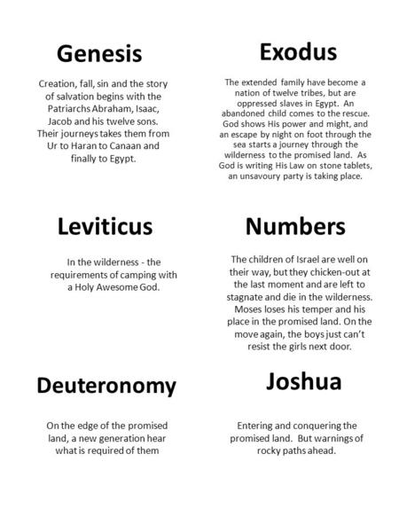 Genesis Creation, fall, sin and the story of salvation begins with the Patriarchs Abraham, Isaac, Jacob and his twelve sons. Their journeys takes them.