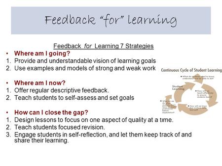 Feedback “for” learning Feedback for Learning 7 Strategies Where am I going? 1.Provide and understandable vision of learning goals 2.Use examples and models.