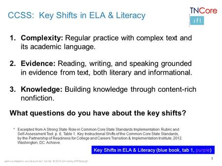 LEARNING RESEARCH AND DEVELOPMENT CENTER © 2013 University of Pittsburgh 1.Complexity: Regular practice with complex text and its academic language. 2.Evidence: