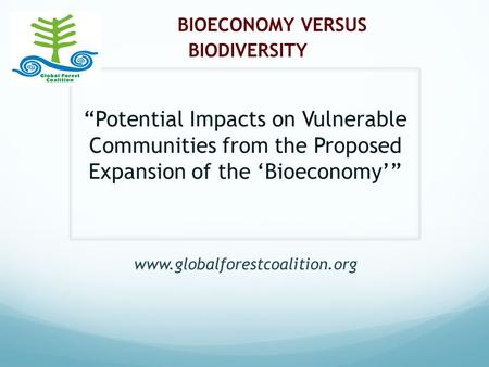 BIOECONOMY VERSUS BIODIVERSITY “Potential Impacts on Vulnerable Communities from the Proposed Expansion of the ‘Bioeconomy’” www.globalforestcoalition.org.