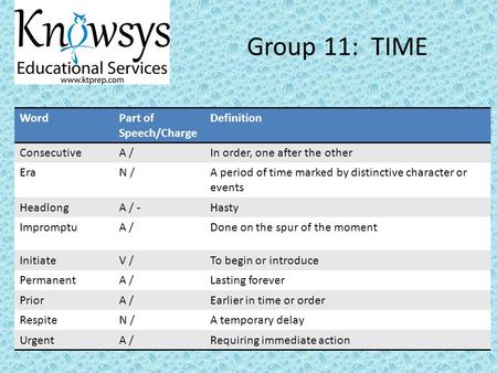 Group 11: TIME WordPart of Speech/Charge Definition ConsecutiveA /In order, one after the other EraN /A period of time marked by distinctive character.