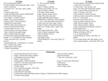 1 st Grade 24 Ticonderoga #2 pencils 5 folders (plastic) with pockets & brads – solid colors, no pictures (1 of each color – red, blue, yellow, green,