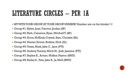  SIT WITH YOUR GROUP AT YOUR GROUP NUMBER! Number are on the binder!  Group #1: Kylee, Juan, Trenton, Jordan (SP)  Group #2: Ruth, Cameron, Ryan, Mitchell.