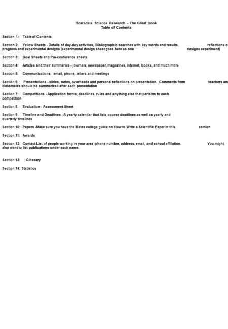 Scarsdale Science Research - The Great Book Table of Contents Se ction 1:Table of Contents Section 2:Yellow Sheets - Details of day-day activities, Bibliographic.