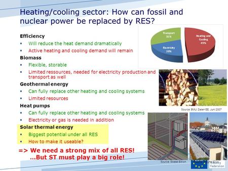 Heating/cooling sector: How can fossil and nuclear power be replaced by RES? Efficiency  Will reduce the heat demand dramatically  Active heating and.