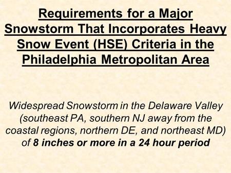 Requirements for a Major Snowstorm That Incorporates Heavy Snow Event (HSE) Criteria in the Philadelphia Metropolitan Area Widespread Snowstorm in the.