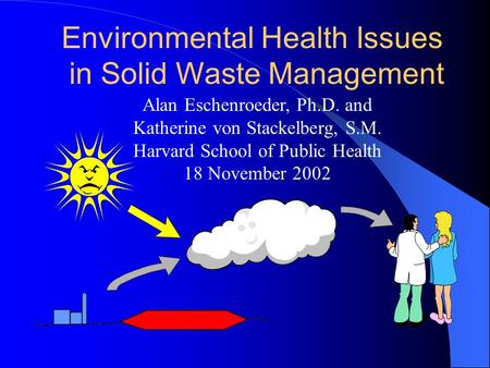 Environmental Health Issues in Solid Waste Management Alan Eschenroeder, Ph.D. and Katherine von Stackelberg, S.M. Harvard School of Public Health 18 November.