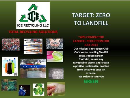 TOTAL RECYCLING SOLUTIONS ~48% COMPACTOR LANDFILL REDUCTION FOR JULY 2013 Our mission is to reduce Club Car’s waste handling/landfill costs, reduce carbon.