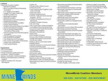 Coalitions Start Early Funders Coalition Blandin Foundation Blue Cross Blue Shield of Minnesota Foundation F. R. Bigelow Foundation Greater Twin Cities.