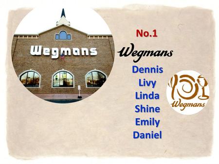 DennisLivyLindaShineEmilyDaniel No.1. OUTLINE Introduction to Wegmans Departments of Wegmans Differentiation strategy ProduceDepartment Human resource.