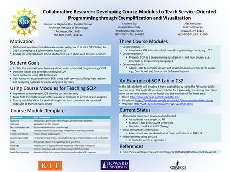 Collaborative Research: Developing Course Modules to Teach Service-Oriented Programming through Exemplification and Visualization Xumin Liu, Rajendra Raj,