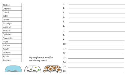 1. 2. 3. 4. 5. 6. 7. 8. 9. 10. 11. 12. 13. 14. 15. 16. My confidence level for vocabulary test 8……. Abstract Criterion Critical Deter Forlorn Forthright.