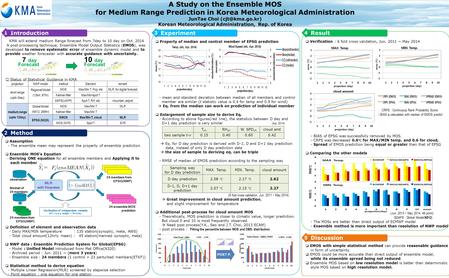 KMA will extend medium Range forecast from 7day to 10 day on Oct. 2014 A post processing technique, Ensemble Model Output Statistics (EMOS), was developed.