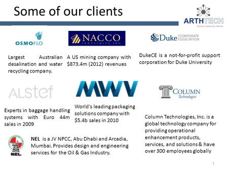 Some of our clients Largest Australian desalination and water recycling company. A US mining company with $873.4m (2012) revenues DukeCE is a not-for-profit.