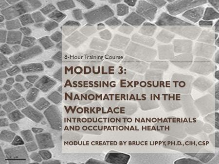 MODULE 3: A SSESSING E XPOSURE TO N ANOMATERIALS IN THE W ORKPLACE INTRODUCTION TO NANOMATERIALS AND OCCUPATIONAL HEALTH MODULE CREATED BY BRUCE LIPPY,