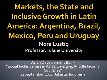 Asian Development Bank “Social Inclusiveness in Asia’s Emerging Middle Income Countries” 13 September 2011, Jakarta, Indonesia 1.