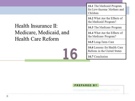 Health Insurance II: Medicare, Medicaid, and Health Care Reform F ERNANDO Q UIJANO AND S HELLY T EFFT P R E P A R E D B Y 16.1 The Medicaid Program for.